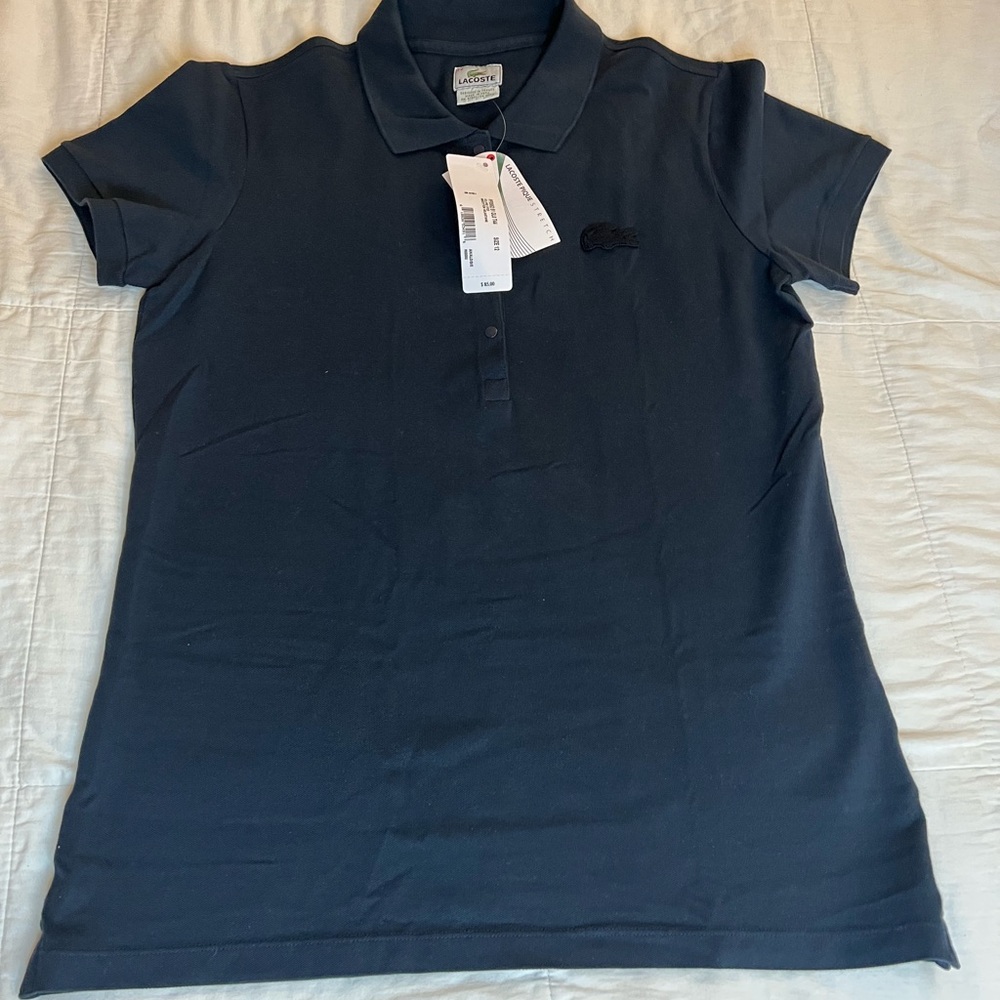 Beautiful Lacoste Dark Blue Fitted Button Down Short Sleeve Polo Shirt